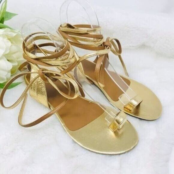 Laurence Bras Sandals Gold Wrap Gladiator Around Leather Single Toe, 7 NEW - Picture 1 of 10